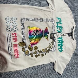 White Graphic Tee with Multicolor Design